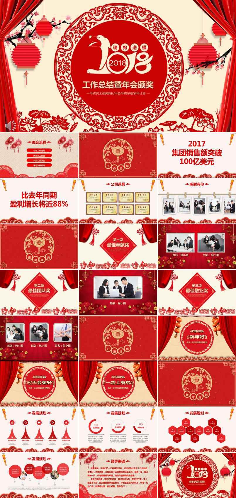 剪紙風(fēng)格瑞狗送祝福年終工作總結(jié)暨年會(huì)晚會(huì)頒獎(jiǎng)PPT模板